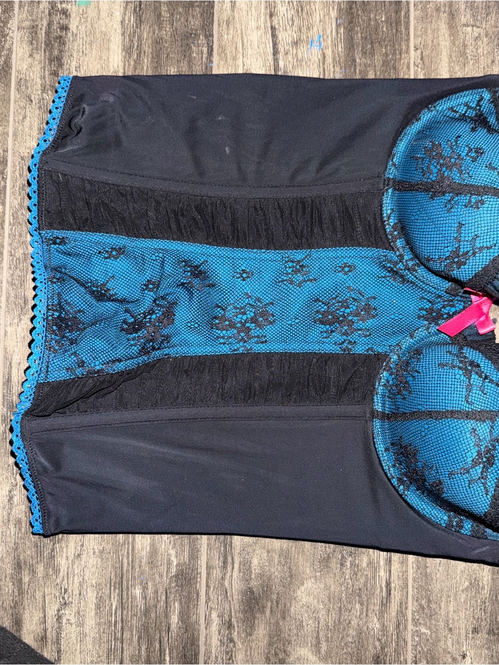 La SENZA Black & Teal Lace Bustier corset with Pink Bow Accent